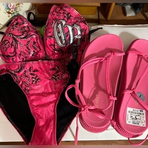 Crash & Burn Pink Embellished Bikini Set with Sandals